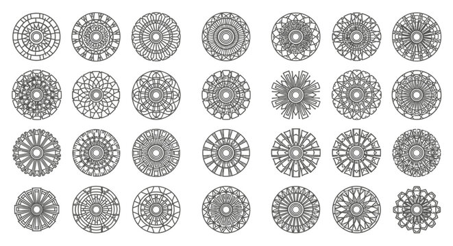 diverse geometric mandala patterns and decorative rosettes on white perfect for abstract design elements and graphic resources
