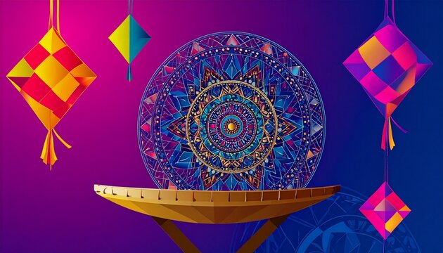 3D geometric ketupat decorations floating around traditional beduk drum on purple gradient background