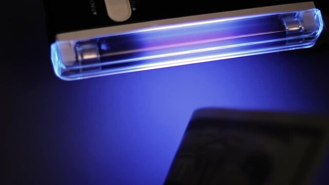 A man is checking the authenticity of a banknote using the ultraviolet light on a hundred Chinese yuan. Video