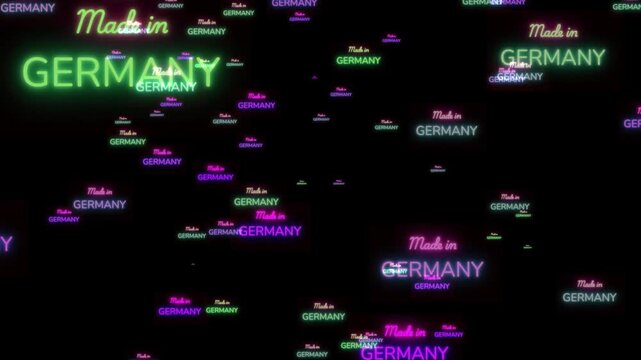 Neon Made In Germany Labels Floating On Black Background For Manufacturing And Global Trade Concept