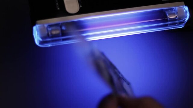 A man is checking the authenticity of a hundred-dollar bill using an ultraviolet light. Video