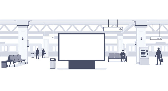 A modern subway station platform with a large blank billboard is depicted with minimalist figures and trains in the background.
