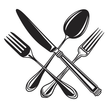 Elegant crossed silverware icon including fork knife and spoon with detailed handles for luxury catering brand and fine dining menu vector graphics