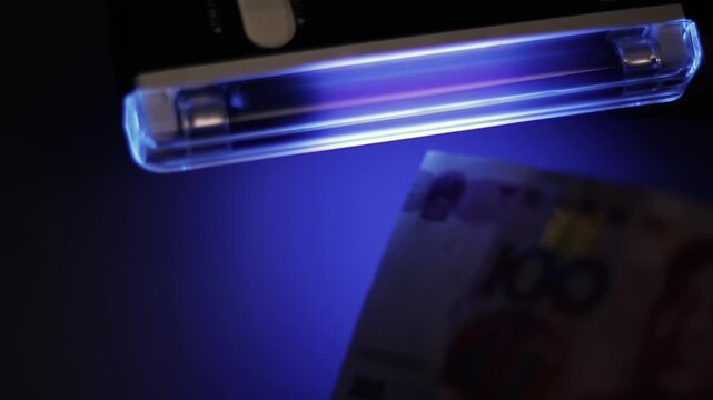 A man is checking the authenticity of a $20 bill using a UV light. Video