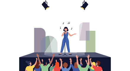 Fototapeta premium A female singer performs on stage under spotlights for a cheering crowd with abstract shapes in the background.