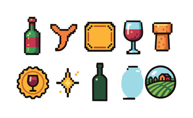 Naklejka premium Pixel art icons representing wine and vineyard elements for digital design