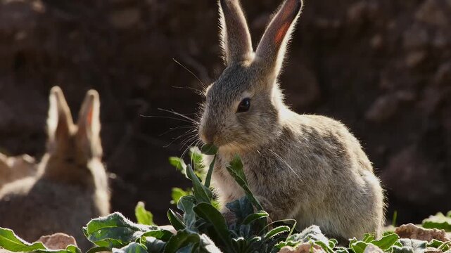 young little rabbit eating herbs at his hole, close 888 

