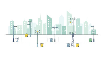 Obraz premium A city skyline with light green buildings features multiple streetlights, communication towers, and trash cans on a white ground.