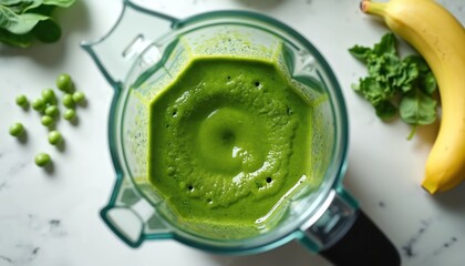 Obraz premium Top view of blender with vibrant green smoothie. Ingredients like spinach, kale, banana, and peas ready for mixing. Healthy drink preparation on white marble counter. Culinary process detail.