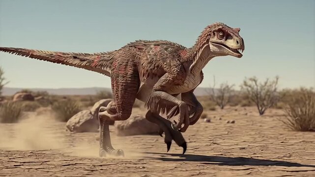Dynamic Velociraptor Running Through Arid Desert Landscape Under Clear Sky.