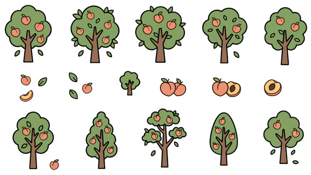 Cute Peach Tree Icon Set with Pink Peaches and Green Leaves