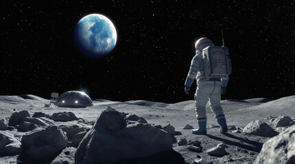 Fototapeta premium Astronaut standing on lunar surface looking at Earth. Space explorer at moon base with dome habitat and rocky terrain.