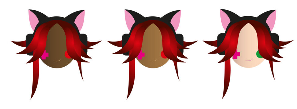 Set of Diverse Female Gamer Avatars with Cat Ear Headphones and Colorful Hair Vector Illustration