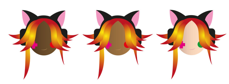 Set of Diverse Female Gamer Avatars with Cat Ear Headphones and Colorful Hair Vector Illustration