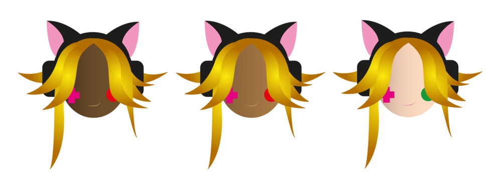Set of Diverse Female Gamer Avatars with Cat Ear Headphones and Colorful Hair Vector Illustration