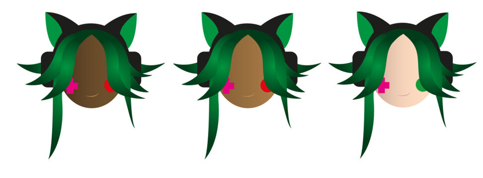 Set of Diverse Female Gamer Avatars with Cat Ear Headphones and Colorful Hair Vector Illustration