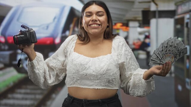 Woman holding dslr camera and fanning us dollar bills while smiling with bare midriff in a transit building; success monetization confidence.