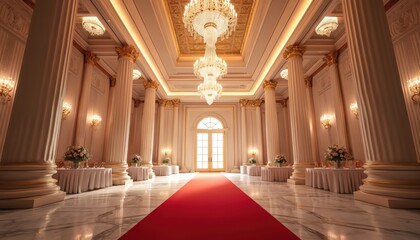 Obraz premium Grand ornate hall with tall pillars, crystal chandeliers, and red carpet leading to doors. Tables with floral arrangements await guests in elegant ballroom setting.