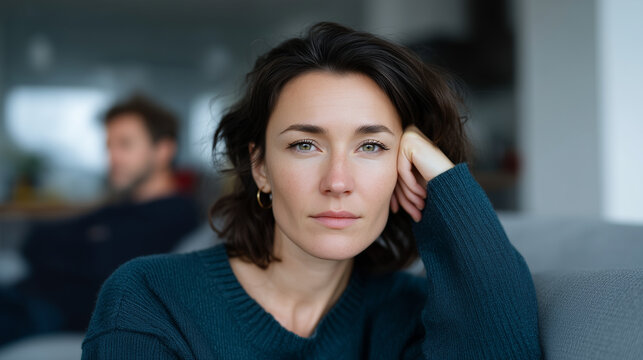 A thoughtful unhappy woman sitting on a couch in a modern home, resting her head on her hand and gazing away, blurred male partner in the background sitting separately after a disa
