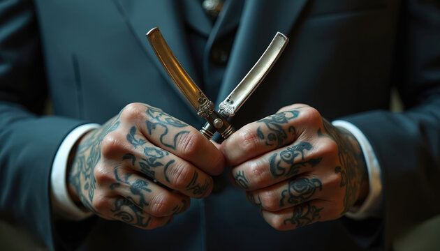 Tattooed man in suit holds vintage straight razor. Closeup male hands with ink art grip antique blade tool. Formal style offers sharp grooming accessory. Elegant sharp object shows detail.