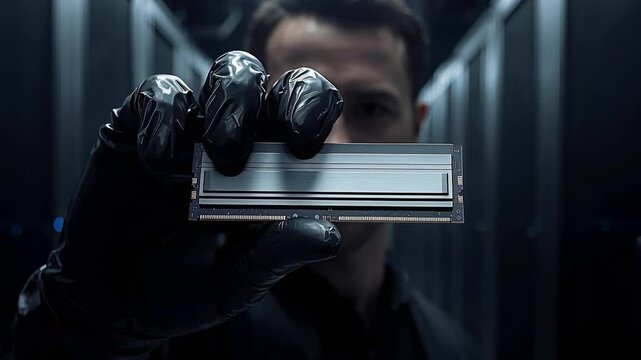 Caucasian IT technician holds NVMe SSD in dark server aisle