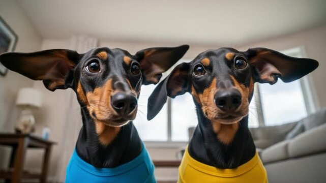 Two adorable dachshund dogs wearing colorful shirts looking at the camera