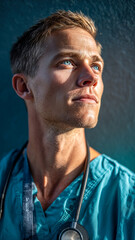 Obraz premium Confident healthcare worker looks up with hope and determination outside