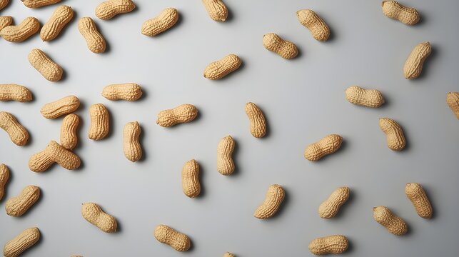 Top view of unshelled peanuts scattered on a clean gray background, creating a minimal food composition. Natural texture and earthy tones highlight a healthy snack and organic ingredient concept.