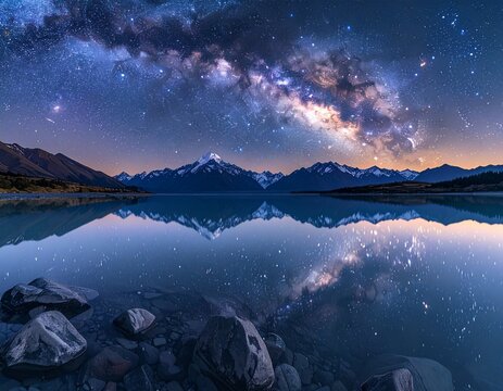 Milky Way galaxy over Mount Cook and Lake Pukaki reflection. New Zealand Southern Alps night landscape with sharp snow peaks and starry sky. Concept for purity, reflection, and travel.