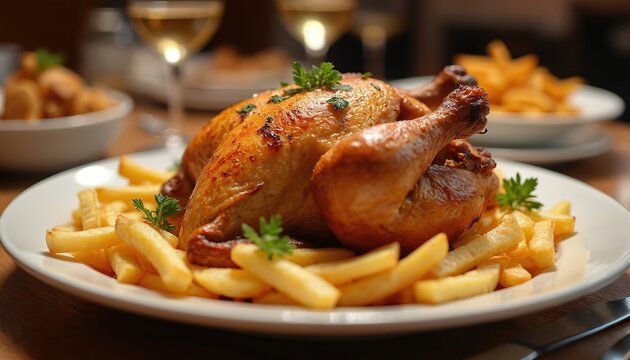 Whole roasted chicken and crispy french fries served on white plate with parsley garnish. Delicious meal on dining table with wine glasses background. Perfect for food blogs.