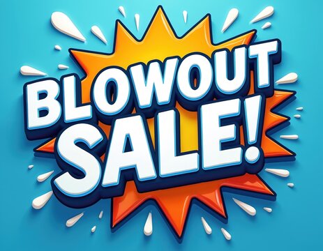 Bold text announcement calls attention to big reductions. Bright explosion shape signals major event. Bright colors grab shoppers attention for massive price cuts.