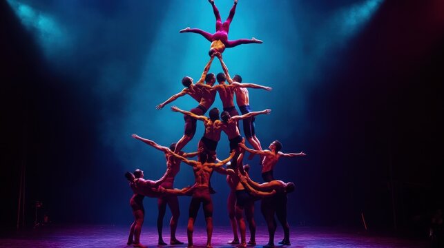 Human pyramid performance.  Acrobatic display of strength and teamwork