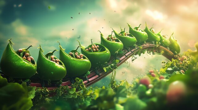 Green pod-shaped rollercoaster through a lush, whimsical landscape