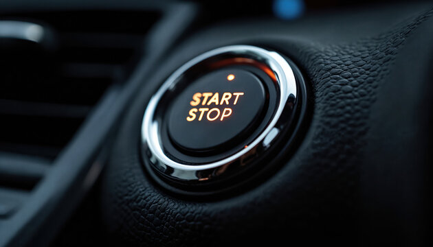 Car ignition start stop button glows orange on dark dashboard. Push button start system in modern auto interior. Chrome trim detail on luxury vehicle panel.