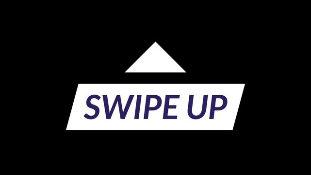 Premium 4K seamless loop of navy swipe up text on a white slanted rectangle with blue and yellow ornaments. Moving upward on alpha channel. Professional social media graphic for creators