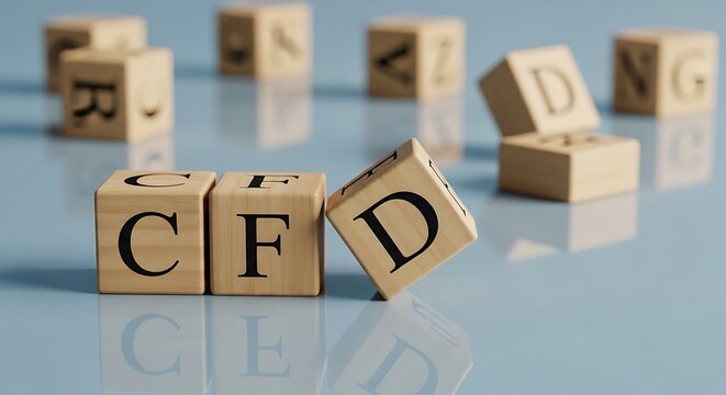 Wooden blocks with letters cfd and d falling, representing contracts for difference, financial trading, and risk, blue background