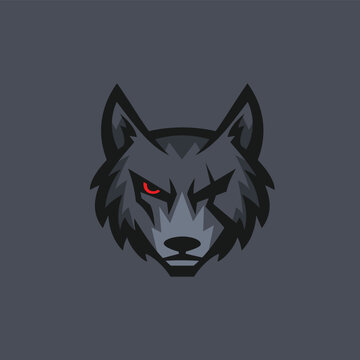 a badass wolf head with a scar and red eye logo