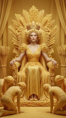 Fototapeta premium Monarch of pasta sitting on throne made of spaghetti and wheat. Surreal queen in yellow gown receiving homage from subjects in monochromatic food-themed palace.