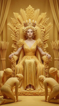 Monarch of pasta sitting on throne made of spaghetti and wheat. Surreal queen in yellow gown receiving homage from subjects in monochromatic food-themed palace.