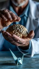 Obraz premium Elderly Doctor Hold Brain Model and Origamic Crane on Table, Mental Health Care