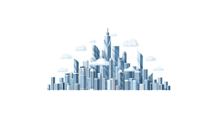 Fototapeta premium A stylized city skyline displays a dense cluster of numerous modern skyscrapers and buildings with clouds against a clean white background.