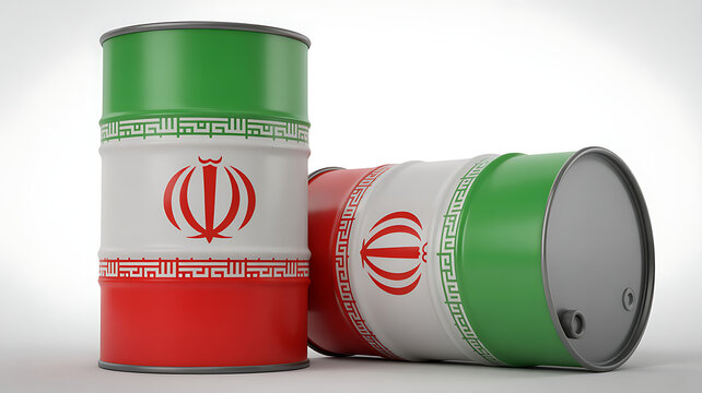 Iranian oil barrels with national flag, crude oil industry in Iran, petroleum export and energy trade concept, metal fuel drums on white background