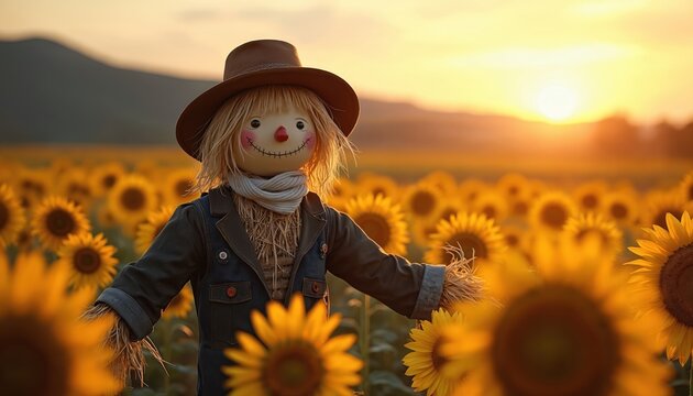 Scarecrow stands in sunflower field at sunset. Friendly straw man watches over blooming yellow flowers. Rural autumn landscape with warm golden light.