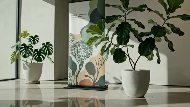Modern Interior with Potted Plants and Nature Banner