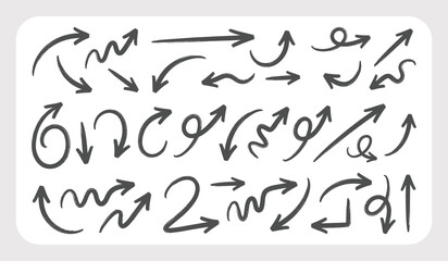 Obraz premium Hand Drawn Arrow Line Icon Set with Brush, Chalk and Crayon Style Curved Up and Down Arrows in Grunge Sketch Design. Vector Illustration.