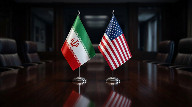 Flags of Iran and the USA on a conference table, symbolizing critical international negotiations and diplomacy
