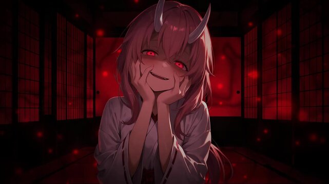 Dark anime-style original character with red glowing eyes and horns in a Japanese room with cinematic red lighting and a mysterious mood