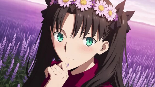 Anime girl with long dark hair and green eyes wearing a flower crown, set against a soft pastel field background with a calm, dreamy mood