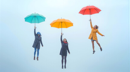 Fototapeta premium Women floating in foggy sky while holding colorful umbrellas. Surreal scene of people flying with teal, orange, and red umbrellas.