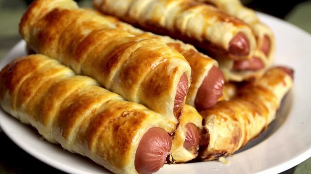 cook places the freshly baked sausage roll on a plate. 4K video close-up